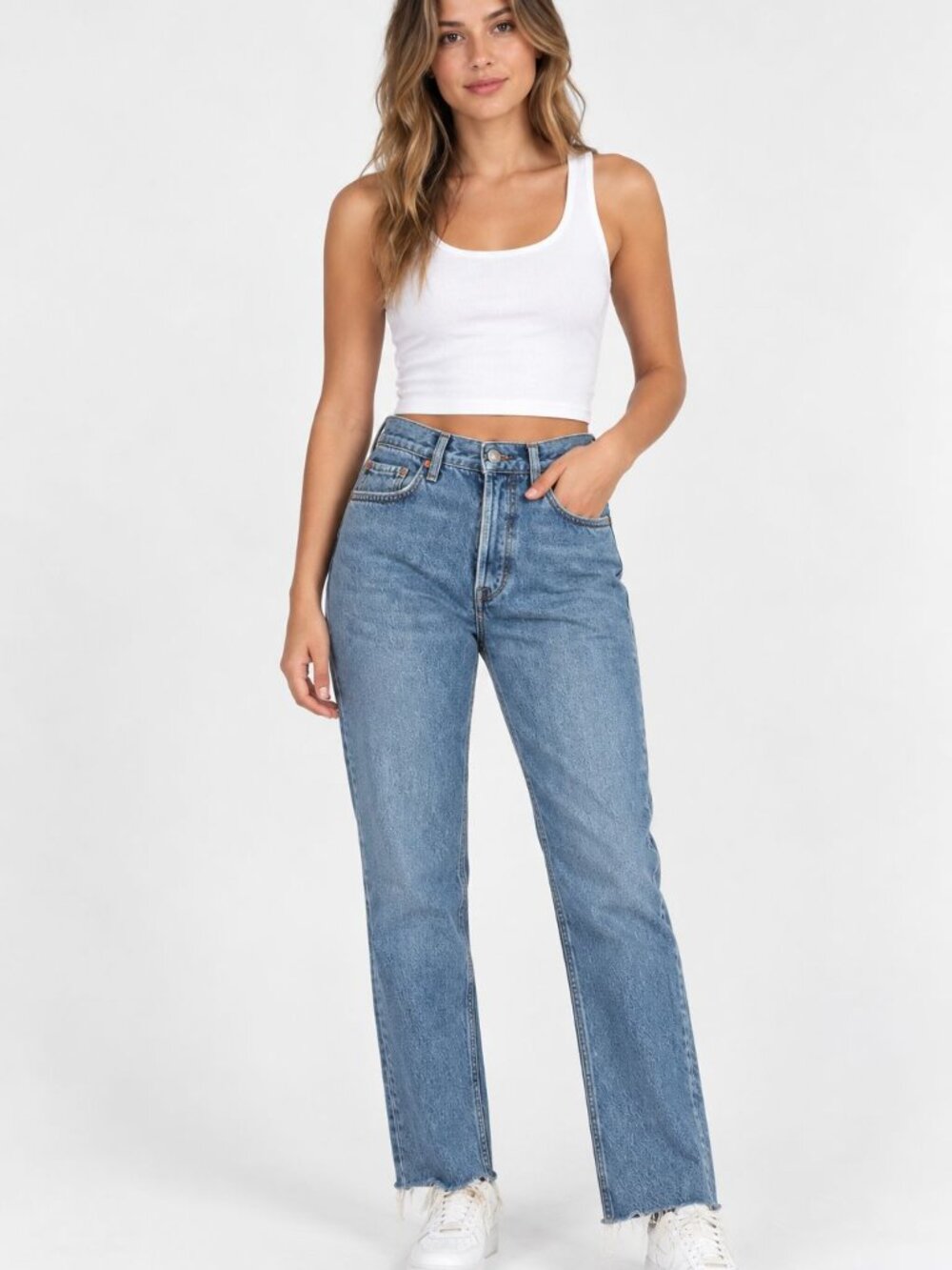 BDG High Waisted Straight Leg Jeans 28x32 Raw Hem Blue Denim